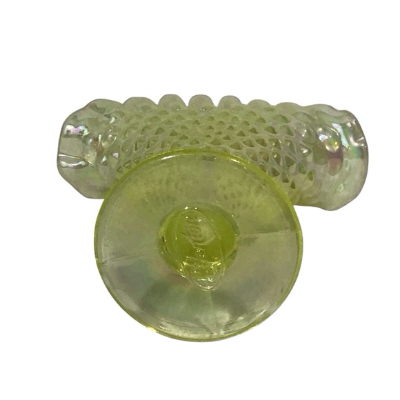 Vintage Fenton Yellow Topaz Opalescent Hobnail Mini Fan Vase Vaseline Uranium - Picture 8 of 9